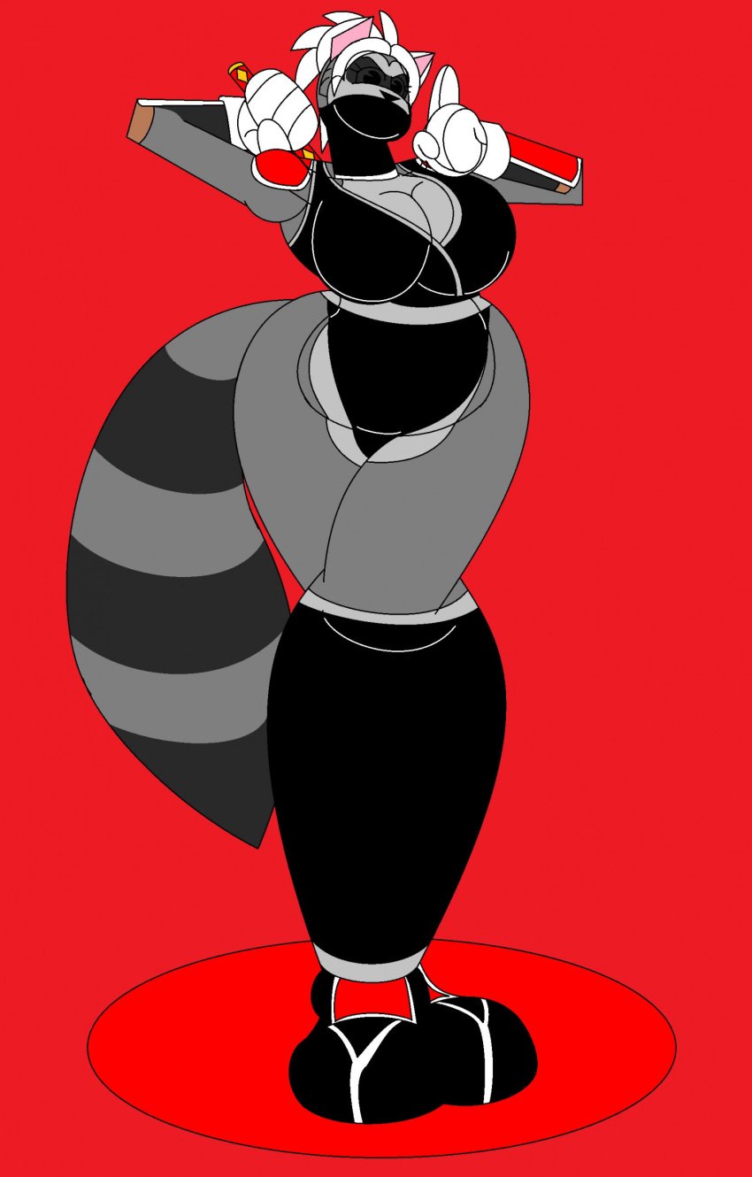 big_breasts big_hips blear_the_raccoon cartoony chubby_female cosplay costume curvy_female furry gloves katana kunoichi marlon64 mask ninja raccoon_girl red_background stockings tail white_hair