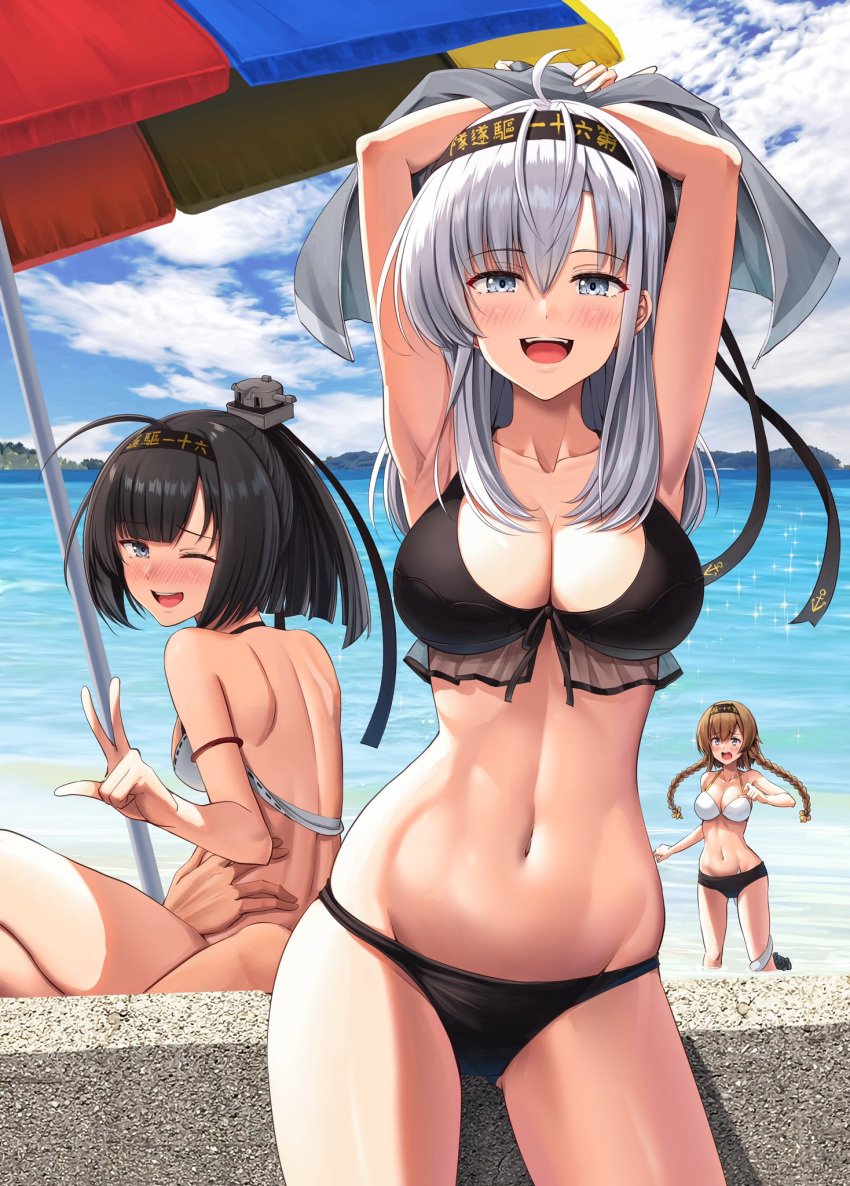 1boy 3girls :d ;d ahoge akizuki_(kantai_collection) armpits beach beach_umbrella bikini black_bikini blue_sky blush braid breasts brown_hair cleavage cloud day enemy_naval_mine_(kantai_collection) grey_eyes grey_hair hachimaki headband headgear highres ichikawa_feesu implied_sex kantai_collection large_breasts leg_grab long_hair looking_at_viewer multiple_girls navel ocean official_alternate_costume one_eye_closed outdoors ponytail shoulder_blades sky smile suzutsuki_(kantai_collection) swimsuit teeth tentacle tentacles_under_clothes teruzuki_(kantai_collection) twin_braids umbrella upper_teeth_only w white_bikini you_gonna_get_raped