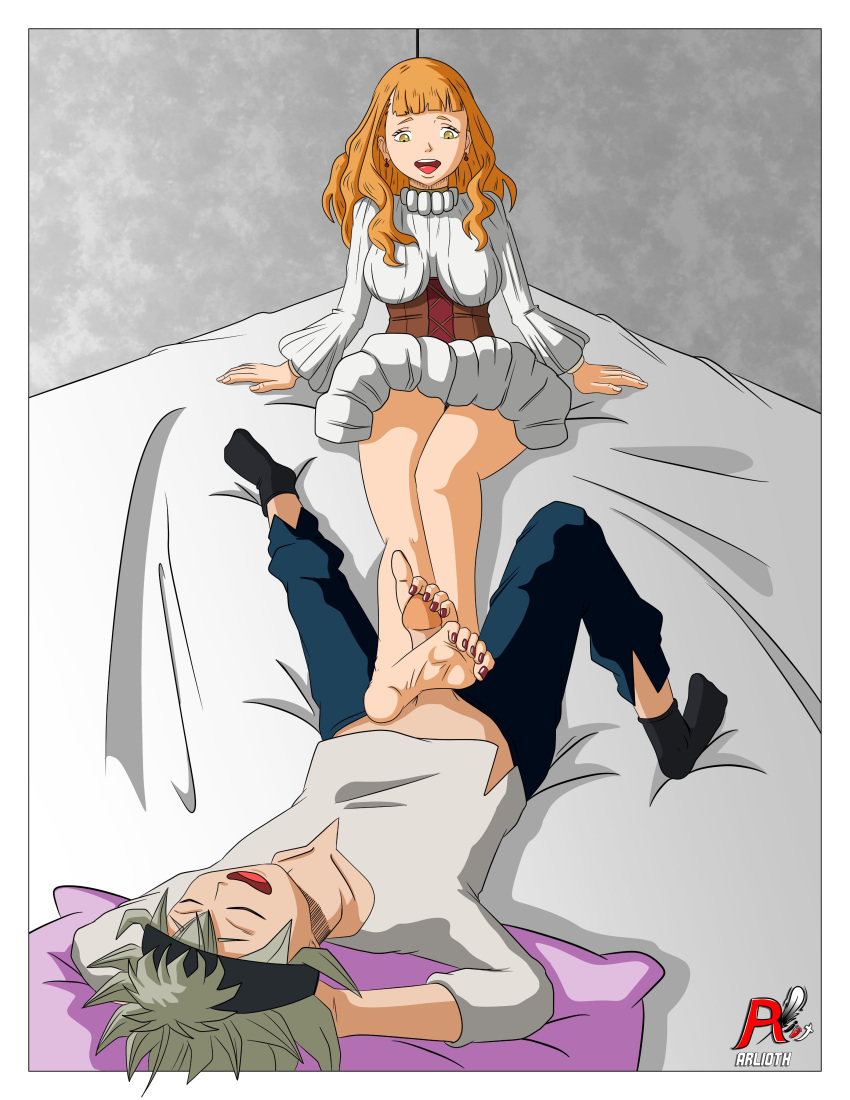 1boy 1girls arlioth asta_(black_clover) barefoot bed bedroom black_clover denki_anma feet foot_domination footjob hi_res highres mimosa_vermillion nail_polish uncensored