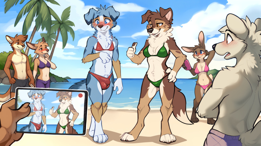 absurd_res ai_generated anthro beach bikini blush breasts brother brother_and_sister bulge canid canine cellphone clothed clothing crossdressing female group hi_res kade_(savestate) lagomorph leporid male mammal nicole_(savestate) palm_tree phone plant rabbit recording savestate sea seaside sister smile stable_diffusion surprised_expression swimwear tree water