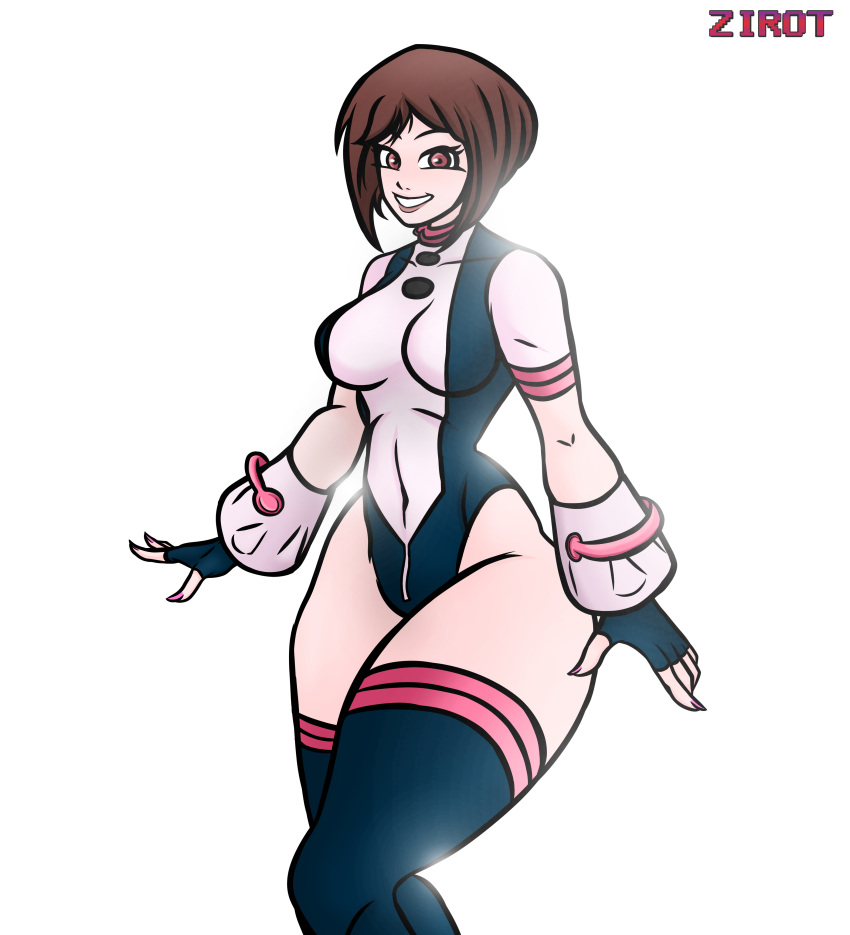 1girls aged_up big_ass big_breasts big_butt bodysuit boku_no_hero_academia breasts brown_eyes brown_hair female female_only hero_outfit_(mha) my_hero_academia ochako_uraraka ochako_uraraka_(hero_outfit) short_hair small_waist smile smiling suit superheroine thick thick_hips thick_legs thick_thighs thigh_boots thighhigh_boots thighs uraraka_ochako wide_hips zirot