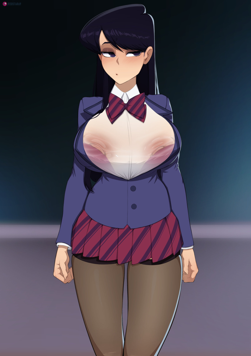 1girls big_breasts female female_focus female_only huge_breasts komi-san_wa_komyushou_desu komi_shouko long_hair nipples nipples_visible_through_clothing nonude pale-skinned_female purple_eyes r3dstar school_uniform schoolgirl skirt solo solo_female solo_focus sweat sweatdrop wet wet_breasts wet_clothes