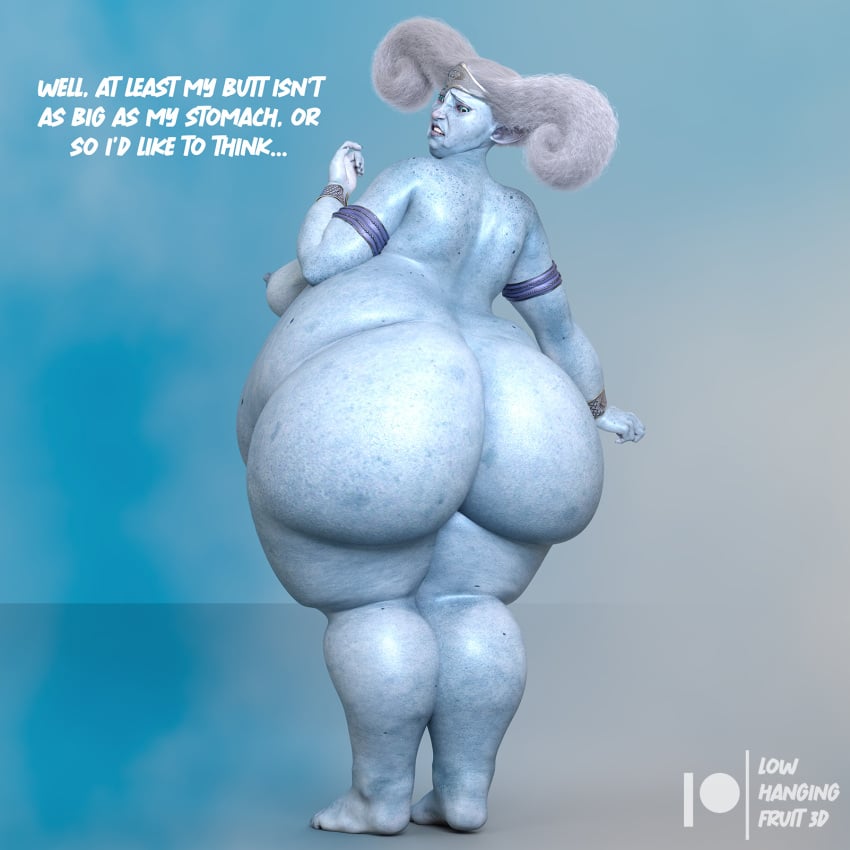 1girls 3d 3d_(artwork) areolae ass bbw belly big_ass big_belly big_butt big_feet blue_areola blue_body blue_skin breasts butt_focus chubby chubby_female crown daz3d daz_studio dialogue fat fat_woman feet female female_only gilf granny large_ass large_belly large_butt legs lowhangingfruit3d_(artist) nipples nude nude_female old_woman older_female overweight overweight_female pinup solo thick thick_ass thick_thighs thighs toes white_hair wide_hips winter_fae wrinkled_feet