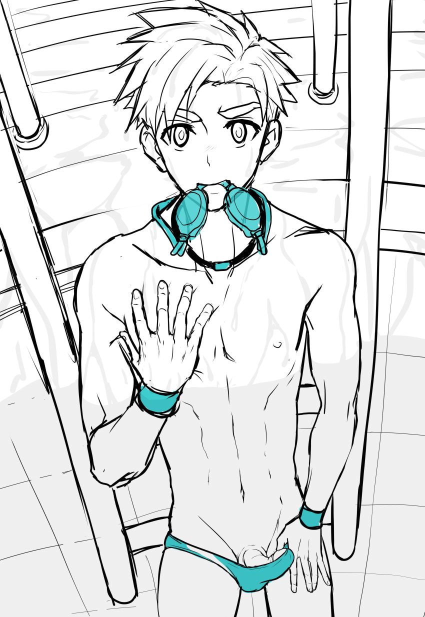 1boy avan_geiserford exposed exposed_penis gay jey jock_studio jockstudio(blits_games) male male_only mikkoukun penis_peek sketch speedo speedo_pull swimming swimming_pool thumb_in_waistband twink yaoi zael