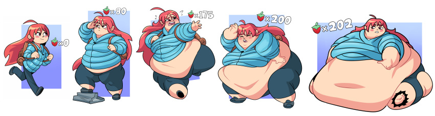 brown_eyes counter exhausted fat immobile madeline_(celeste) obese overweight red_hair running sequence slim smiling strawberry superspoe weight_gain