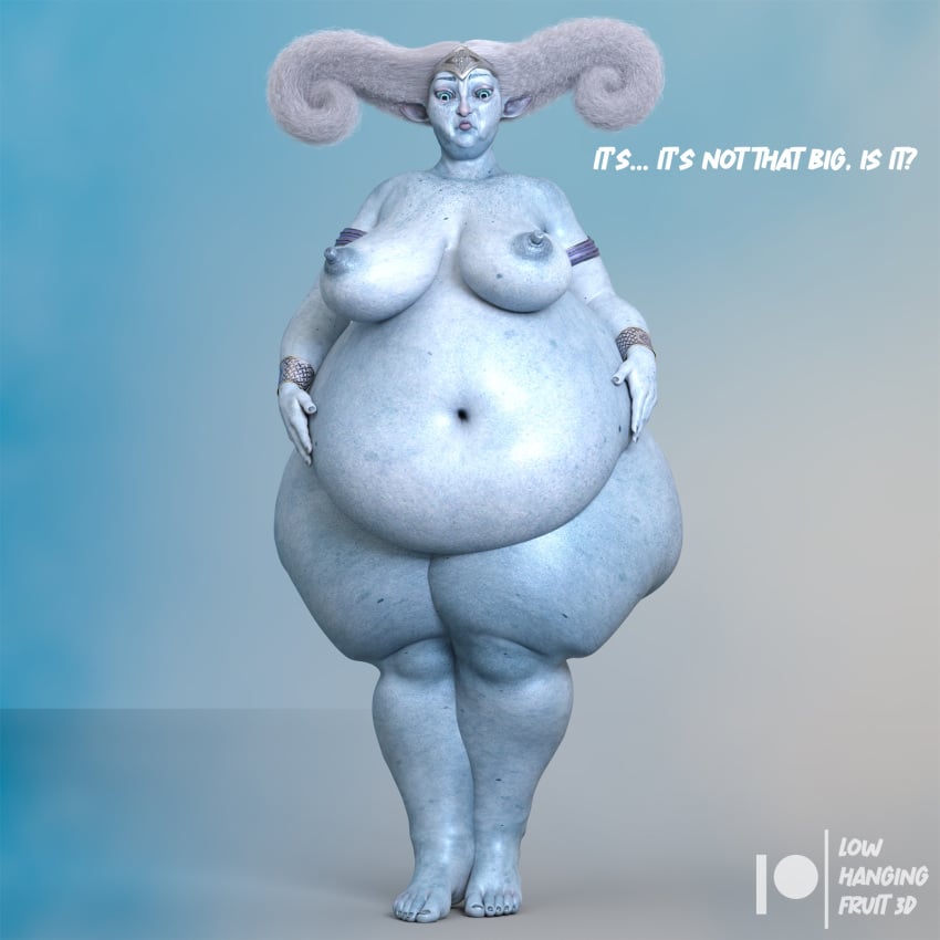 3d 3d_(artwork) areolae ass bbw belly belly_button big_belly big_feet blue_areola blue_body blue_skin breasts chubby chubby_female crown daz3d daz_studio dialogue feet female female_only gilf granny hair hands_on_belly large_ass large_belly large_butt legs lowhangingfruit3d_(artist) navel nipples nude nude_female old_woman older_female overweight overweight_female pinup solo solo_female solo_focus thick thick_ass thick_thighs thighs toes white_hair wide_hips winter_fae