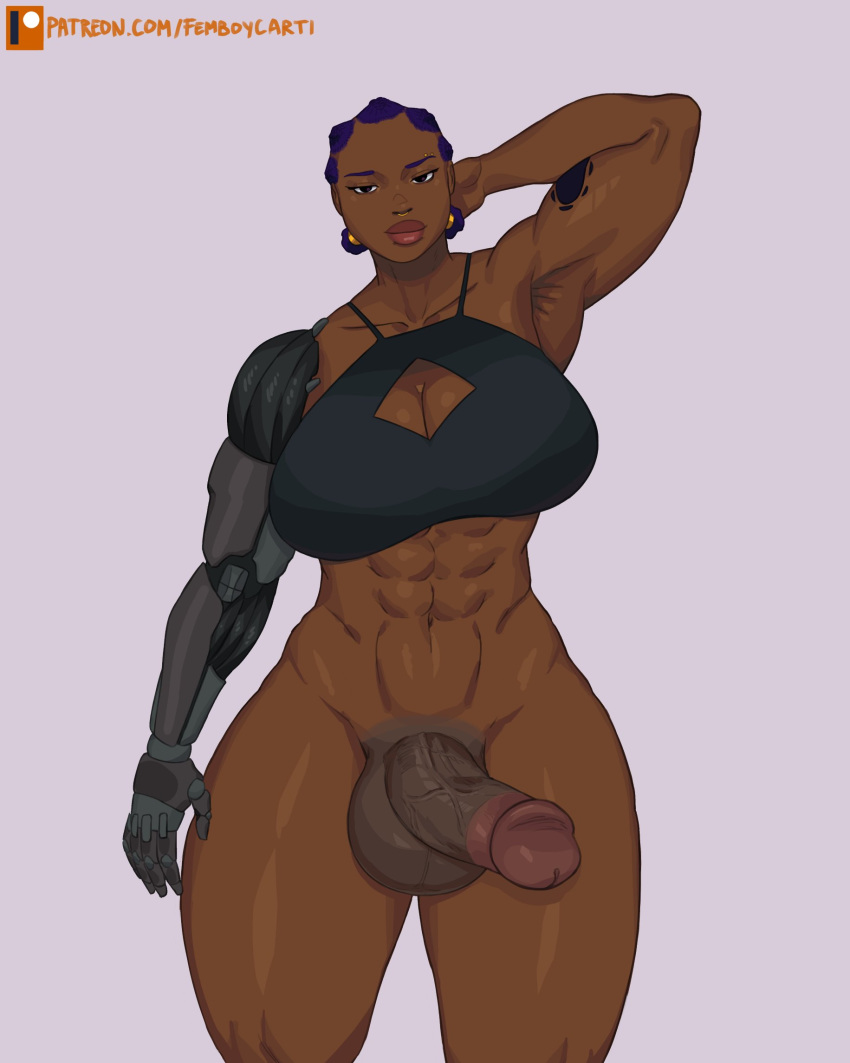 1futa 2023 balls big_balls big_breasts big_penis black_hair bottomless breasts circumcised circumcised_futa circumcision_scar cleavage clothed clothing dark-skinned_futanari dark_skin erection femboycarti futa_only futanari human mostly_nude penis prosthetic prosthetic_arm robotic_arm short_hair solo standing tagme wide_hips