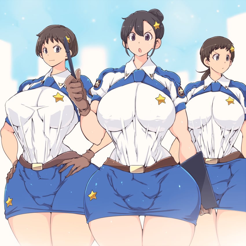 3girls big_breasts breasts cop hataraki_ari huge_breasts mini_skirt miniskirt police police_officer police_uniform policewoman short_hair