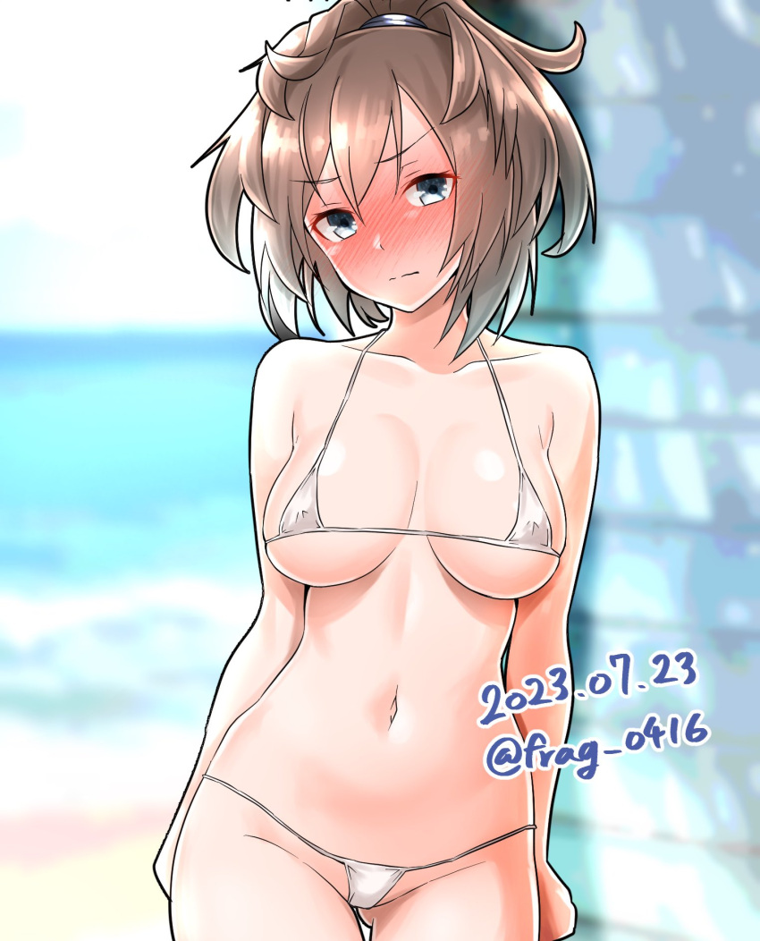 1girls arms_at_sides ass_visible_through_thighs bare_shoulders bikini blurry blurry_background blush breasts british british_female closed_mouth collarbone covered_nipples cowboy_shot dated deep_blush female furaggu_(frag_0416) hair_between_eyes highres horizon kantai_collection large_breasts light_brown_hair light_skin light_skinned_female looking_at_viewer messy_hair micro_bikini navel nose_blush ocean one-hour_drawing_challenge outdoors sheffield_(kantai_collection) skindentation solo solo_female string_bikini swimsuit thighs twitter_username underboob water