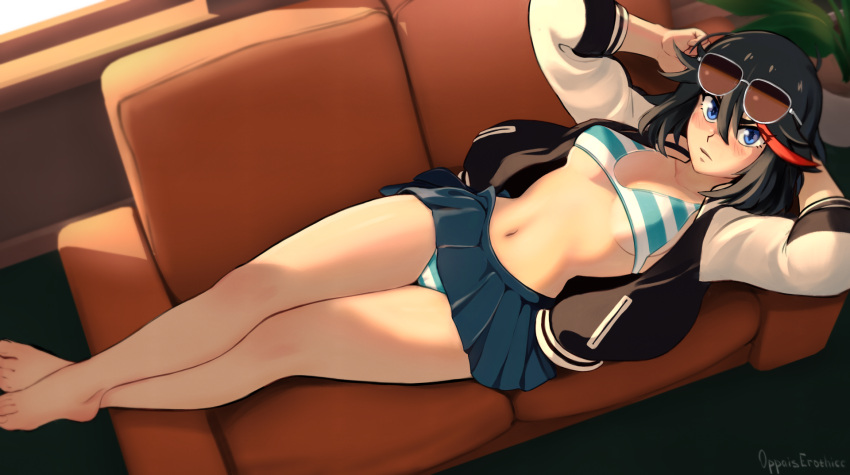 1girls barefoot black_hair blue_eyes cameltoe couch feet jacket kill_la_kill matoi_ryuuko navel oppaiserothicc panties red_highlights skirt solo solo_female striped_panties striped_underwear sunglasses upskirt