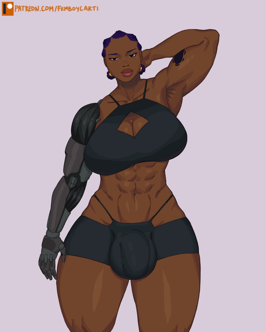 1futa 2023 balls big_balls big_breasts big_penis black_hair breasts bulge cleavage clothed clothing dark-skinned_futanari dark_skin femboycarti flaccid futa_only futanari human partially_clothed penis prosthetic prosthetic_arm robotic_arm short_hair solo standing wide_hips