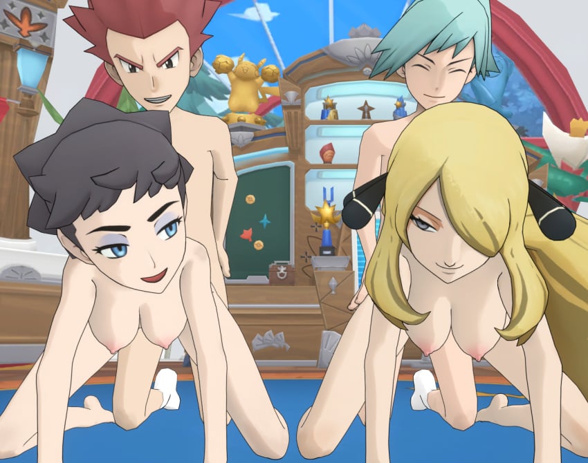 2boys 2girls 3d 3d_(artwork) alternate_version_available black_hair blonde_hair blue_eyes blue_hair brown_eyes closed_eyes cyan_hair cynthia_(pokemon) diantha_(pokemon) doggy_style female foursome from_behind from_behind_position gray_eyes human lance_(pokemon) looking_at_another makeup male multiple_boys multiple_girls pokemon pokemon_champion pokemon_dppt pokemon_gsc pokemon_masters pokemon_oras pokemon_rse pokemon_xy red_hair saucemon7 sex steven_stone_(pokemon) unamused unamused_sex