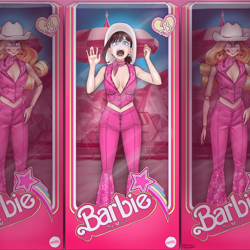 1girls barbara_millicent_roberts barbie_(2023) barbie_(cosplay) barbie_(cowgirl) barbie_(franchise) barbie_(margot_robbie) big_breasts chainsaw_man cleavage crying_with_eyes_open dismaiden dollification female female_only funny higashiyama_kobeni trapped