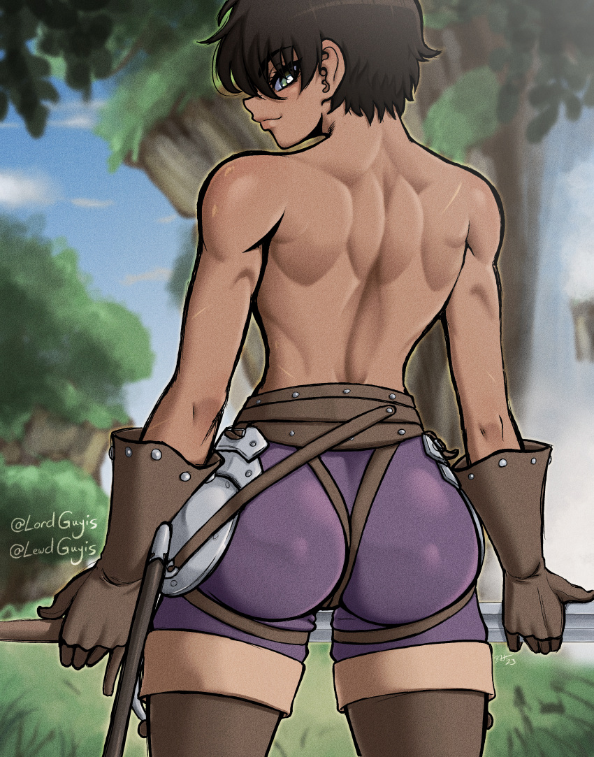 1girls absurd_res ass ass_focus athletic athletic_female back back_muscles back_view berserk black_hair breasts casca dark-skinned_female dark_skin female gloves highres human looking_at_viewer looking_back looking_back_at_viewer lordguyis muscular muscular_back muscular_female outdoors partially_clothed scars short_hair solo solo_female sword tomboy topless topless_female very_short_hair