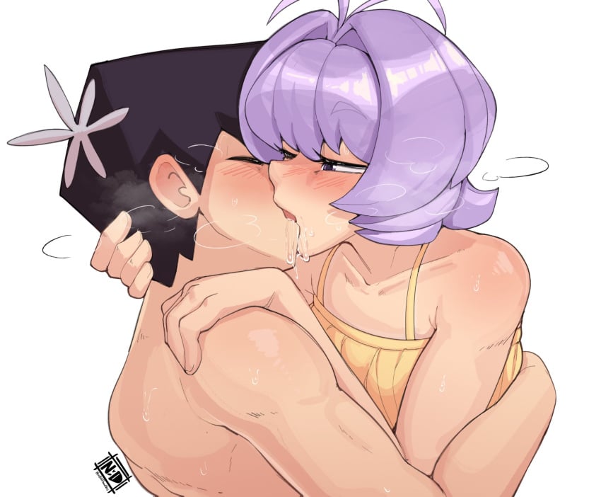 1other 2boys aggressive_kissing androgynous black_hair crop_top drool eyes_closed eyes_half_open femboy french_kiss hugging kissing komi-san_wa_komyushou_desu making_out nudiedoodles osana_najimi passionate passionate_kiss purple_hair tadano_hitohito trap yaoi