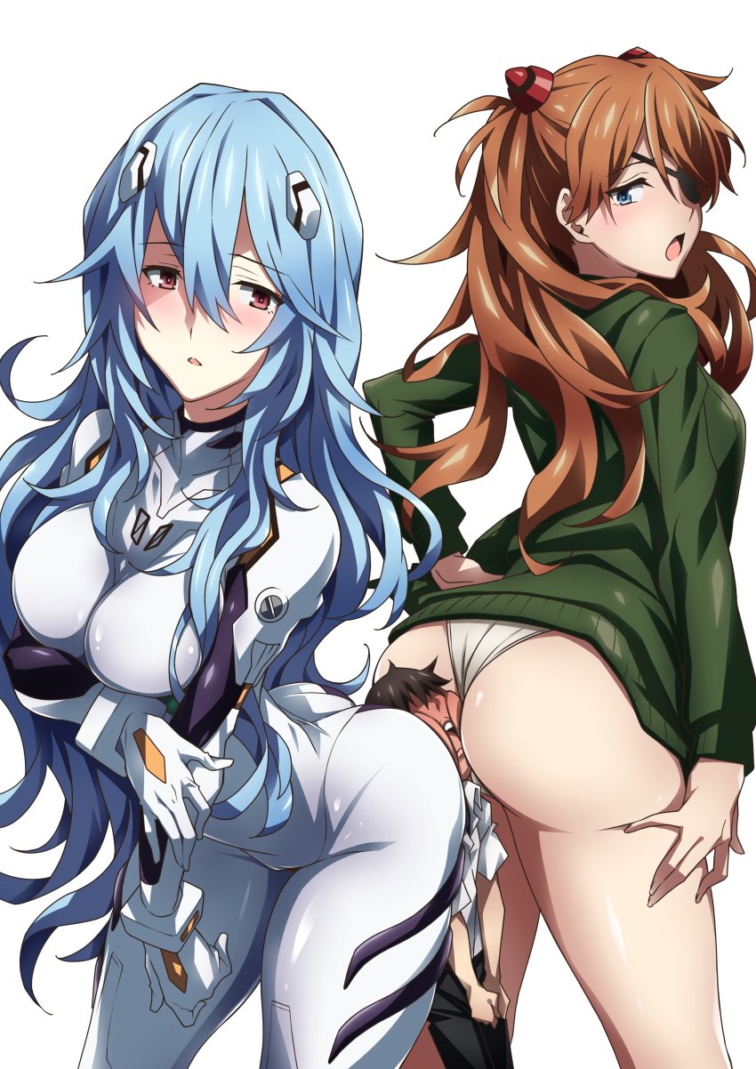 1boy 2girls absurdres age_difference asuka_langley_sohryu bare_legs between_buttocks big_butt black_hair blue_hair blush bodysuit breasts butt butt-to-butt butt_crush closed_mouth commentary_request cowgirl_position curvy eyepatch female femdom giant giantess girl_sandwich green_jacket hair_between_eyes headgear highres huge_butt human interface_headset jacket light-skinned_female light_skin long_hair looking_back mini_person miniboy multiple_girls neon_genesis_evangelion non-web_source open_mouth orange_hair pale-skinned_female pale_skin panties pilot_suit plugsuit rebuild_of_evangelion red_eyes rei_ayanami sandwiched school_uniform shinji_ikari shiny_skin simple_background size_difference skin_tight source_request straight thong tokyo-3_middle_school_uniform torture tsundere underwear very_long_hair white_background white_bodysuit white_panties