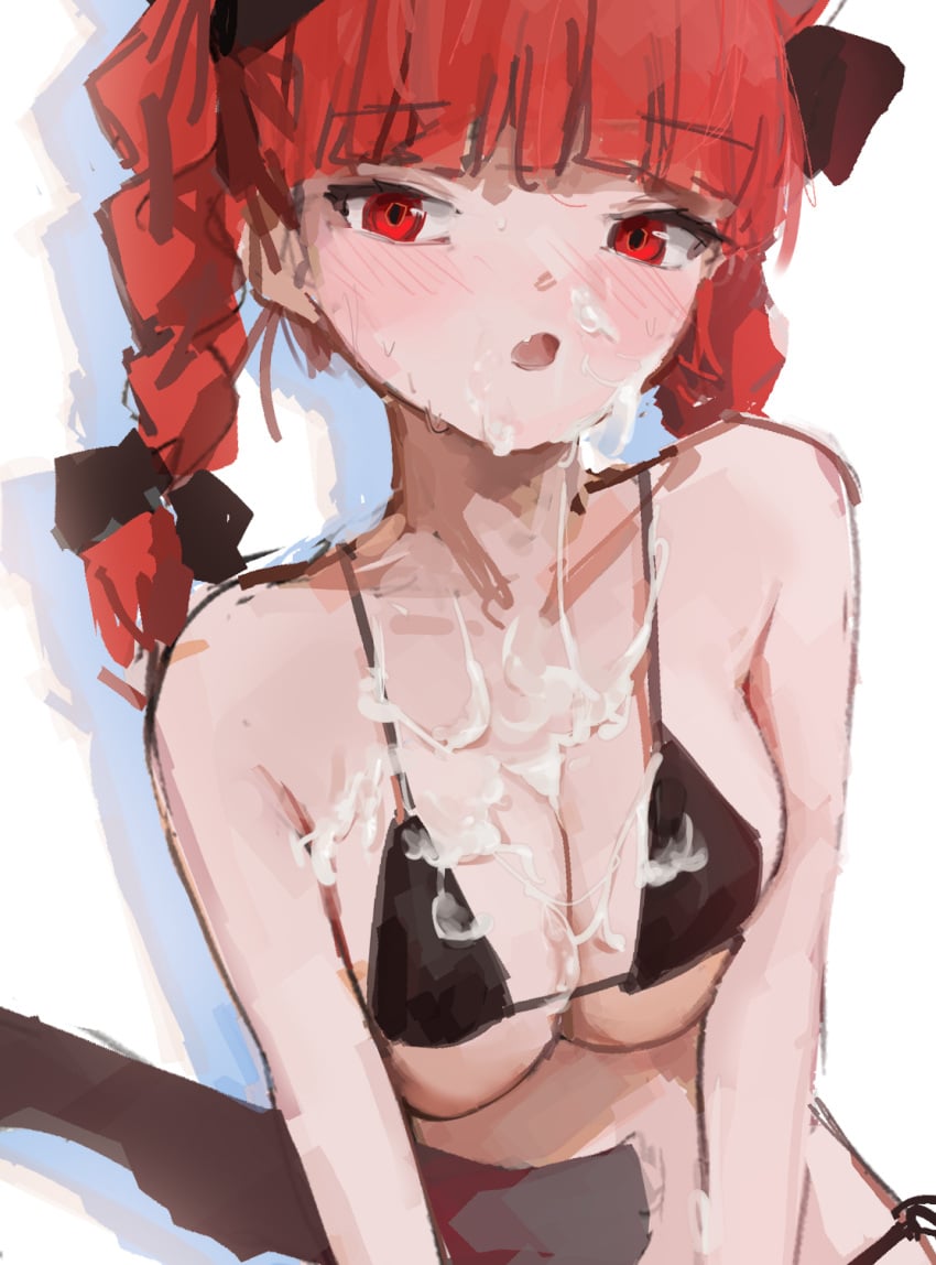 1girls blunt_bangs braid breasts cat_tail cum cum_on_body cum_on_breasts drop_shadow facial female highres kaenbyou_rin long_hair looking_at_viewer open_mouth red_eyes red_hair reddizen rin_kaenbyou simple_background solo tail touhou twin_braids upper_body white_background