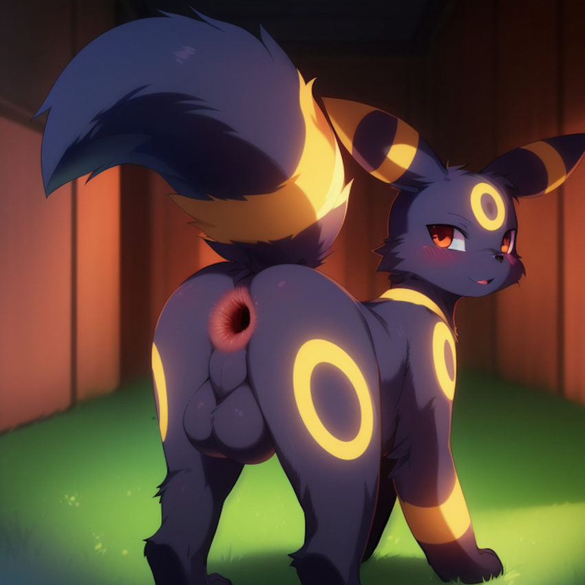 ai_generated black_fur damnblackfox feral from_behind gaping_anus looking_at_viewer looking_back male open_mouth pokemon pokemon_only presenting_anus shy solo stable_diffusion standing umbreon