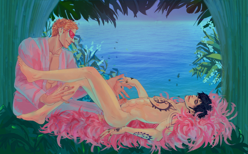 2boys babushka_hi-hi bathrobe black_hair blonde_hair chest_tattoo clothed_male_nude_male completely_nude detailed_background donquixote_doflamingo erection feather_coat full_body gay long_sideburns looking_at_another male male_only nude on_back one_piece painting_(artwork) penis sideburns smile sunglasses tattoo tattooed_arm tattoos trafalgar_law uncensored yaoi