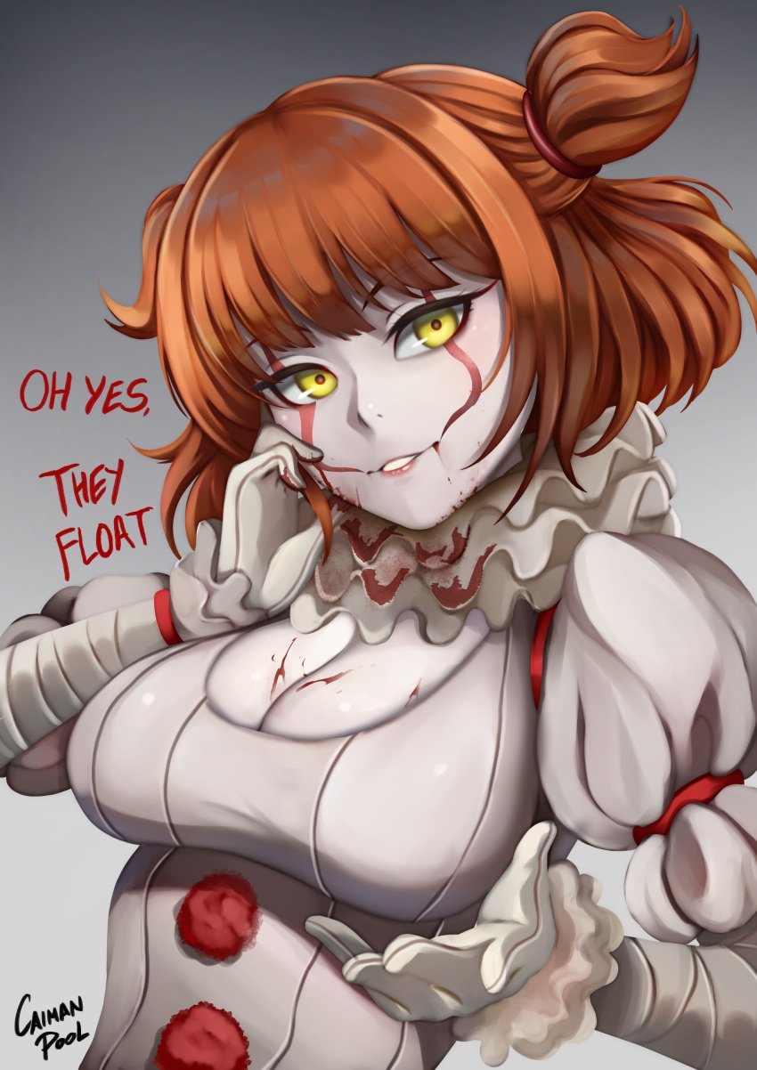 bandage bandages bishoujo_pennywise bishoujo_terror blood bloomers breasts caiman-pool cleavage clown clown_girl clown_makeup facepaint female frills genderswap_(mtf) hand_on_face it kotobukiya_bishoujo large_breasts lips lipstick looking_at_viewer neck_ruff orange_hair pennywise red_lipstick rule_63 short_hair short_twintails solo twintails white_skin yellow_eyes