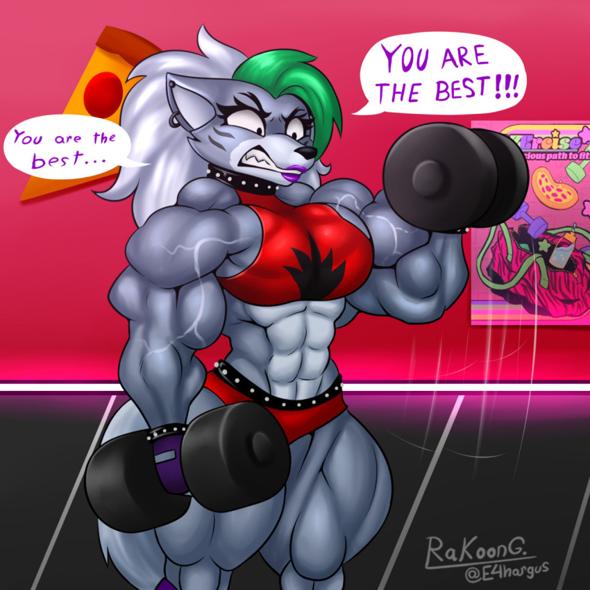 1:1 abs animatronic anthro bicep_curl biceps big_muscles e4hargus english_text five_nights_at_freddy's five_nights_at_freddy's:_security_breach furry hi_res huge_muscles makeup muscular muscular_anthro muscular_female roxanne_wolf_(fnaf) scottgames steel_wool_studios tagme text thick_thighs veiny_muscles