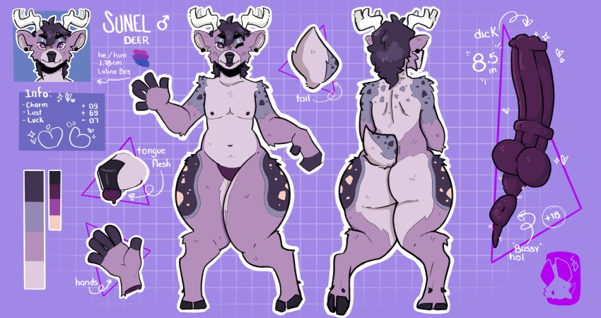 anthro anthro_only anus arrows ass balls big_penis bisexual_pride_colors color_swatch deer ear_piercing eyelids fingers genitals hi_res hooves horn just_sunel labels lgbt_pride male male_only mammal model_sheet nipples one_eye_closed penis piercing pride_colors purple_background rear_view simple_background tail thick_thighs tongue tongue_out watermark white_horn wink