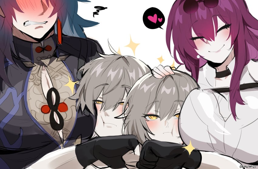 2boys 2girls blade_(honkai:_star_rail) blush breast_press caelus_(honkai:_star_rail) chest_press embarrassed face_against_breast face_in_breasts fist_bump gay heart honkai:_star_rail kafka_(honkai:_star_rail) kurenaiz1 lesbian man_boobs multiple_boys multiple_girls queer_solidarity sparkles stelle_(honkai:_star_rail) yaoi yuri