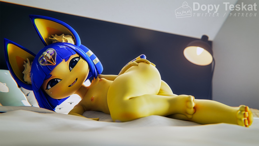 1girls 3d 3d_(artwork) 3d_model animal_crossing animal_ear_fluff ankha ankha_(animal_crossing) ankha_(zy0n7) anthro bangs bed bedroom blue_hair blush cat cat_ears cat_tail dopyteskat doubutsu_no_mori eyebrows_visible_through_hair female female_only flat_chest looking_at_viewer nairu_(doubutsu_no_mori) nintendo orange_nipples short_bangs short_hair watermark wide_hips yellow_body yellow_fur zy0n7