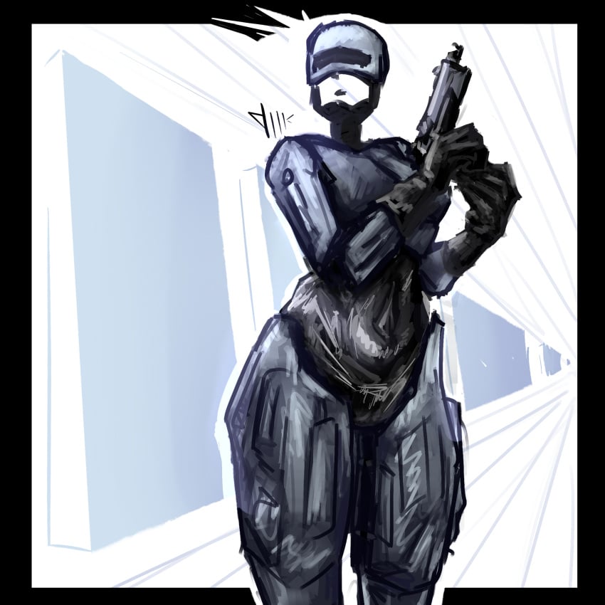 armor big_thighs female female_only gun latex latex_gloves latex_suit pistol plump plump_thighs robocop robot robot_girl robot_joints robotic robotic_arm robotic_arms robotic_leg robotic_legs robotic_limb thighs