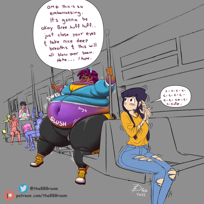 3girls blueberry_inflation english_text fat komi-san_wa_komyushou_desu komi_shouko morbidly_obese multiple_girls obese ripped_jeans stomach_noises tagme thebbbroom thejuicystufff