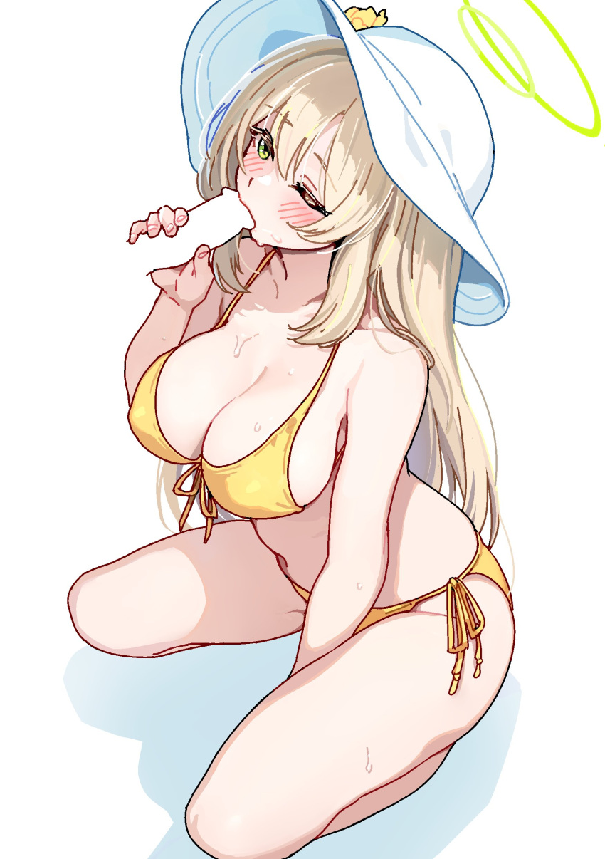 absurdres abydos_high_school_student bikini blonde_hair blue_archive blush breasts censored cleavage commentary disembodied_penis fellatio female flower foreclosure_task_force_(blue_archive) green_eyes halo hat hat_flower highres large_breasts long_hair nonomi_(blue_archive) nonomi_(swimsuit)_(blue_archive) official_alternate_costume oral penis side-tie_bikini_bottom sideboob simple_background solo sun_hat swimsuit symbol-only_commentary taotao white_background white_headwear yellow_bikini yellow_flower