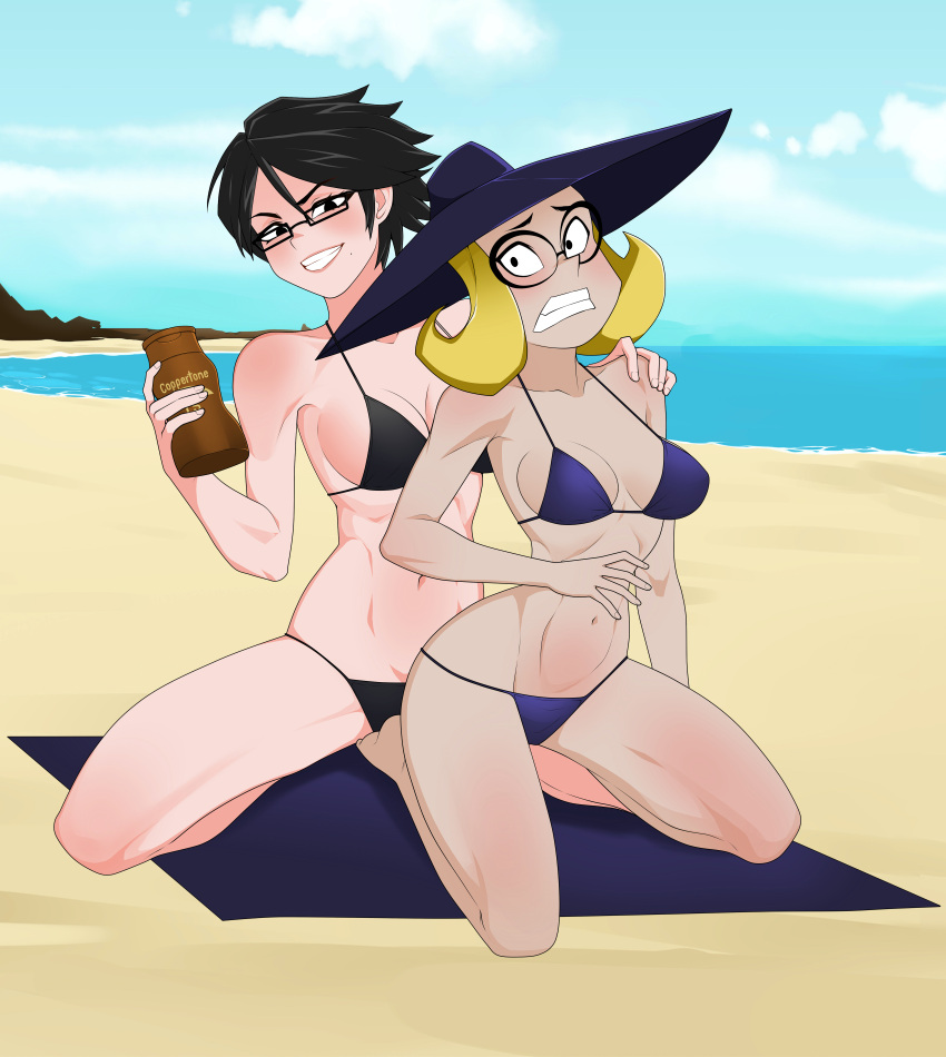 2girls anoneysnufftan arrest bayonetta bayonetta_(character) beach bikini black_eyes black_hair blonde_hair coppertone embarrassed female female_only glasses grey_spy hand_on_shoulder hat humiliation imminent_death killer_lotion lotion lotion_bottle ocean peril punishment sand seaside sky snuff spy_vs_spy summer sunbathing sunscreen swimsuit towel