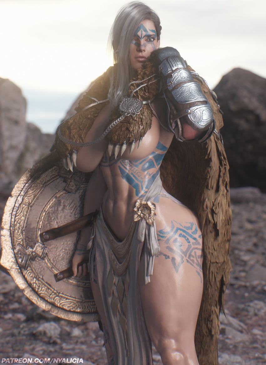 3d abs armed armor barbarian bdo black_desert black_desert_online body_paint fantasy female female_knight guardian_(black_desert) legs lips loincloth medieval medieval_armor medieval_clothing muscles muscular_female nyalicia pelvic_curtain shield tattoo thick_thighs viking white_hair wide_hips