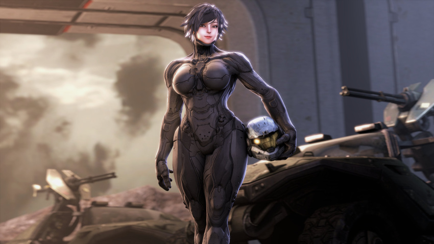 1girls 3d 3d_(artwork) black_hair breasts brown_eyes halo_(series) helmet hips holding_object large_breasts looking_at_viewer madis259 medium_hair spartan_(halo) thick_thighs thighs wide_hips