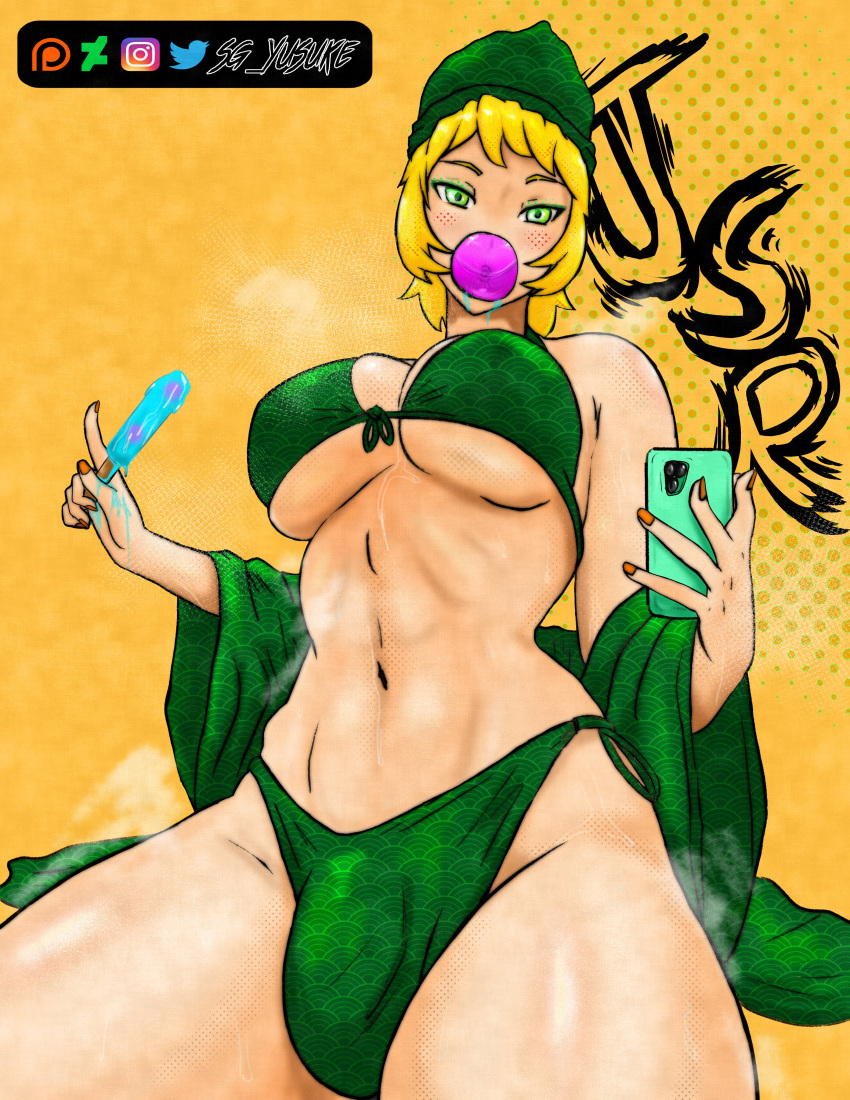 1futa big_breasts bikini blonde_hair breasts bulge clothed clothing flaccid futa_only futanari gum_(jsr) human jet_set_radio light-skinned_futanari light_skin low-angle_view mostly_nude penis popsicle selfie sg_yusuke short_hair solo thick_thighs wide_hips