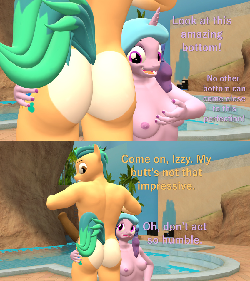 2_panel_comic 3d_(artwork) animal_genitalia animal_penis anthro ass breasts butt_focus cutie_mark dialogue digital_media_(artwork) duo earth_pony english_text equid equine equine_genitalia equine_penis female genitals hasbro hi_res hitch_trailblazer_(mlp) horn horse izzy_moonbow_(mlp) male male/female mammal mlp_g5 my_little_pony nipples nude papadragon69 penis pony poolside source_filmmaker text unicorn