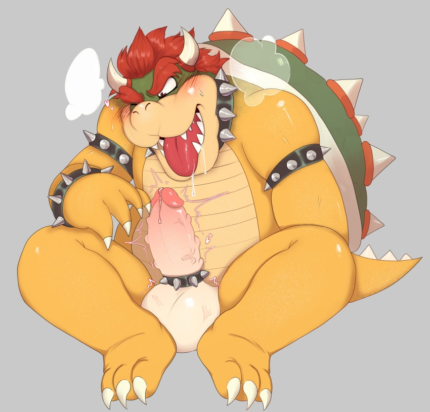 2022 accessory armband balls blush bodily_fluids bowser cock_ring collar erection genital_fluids genitals hair hi_res humanoid_genitalia humanoid_penis jewelry koopa male male_only mario_(series) nintendo penis penis_accessory penis_jewelry precum put2littlemore red_hair scalie shell solo spiked_armband spiked_collar spikes tongue tongue_out yellow_body