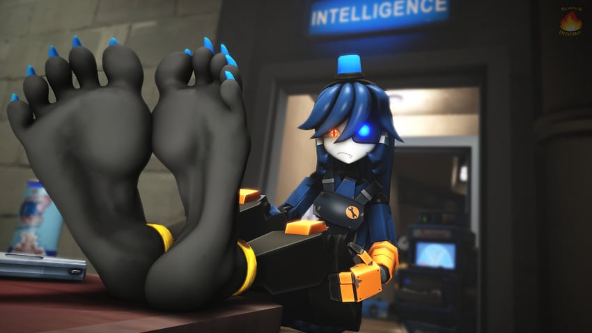 1girls 3d 3d_model barefoot black_body blue_hair feet female foot_fetish foot_focus mimi_sentry robot_girl scorch_dreamer sentry_(team_fortress_2) sentry_turret team_fortress_2 tf2 valve valve_(company)