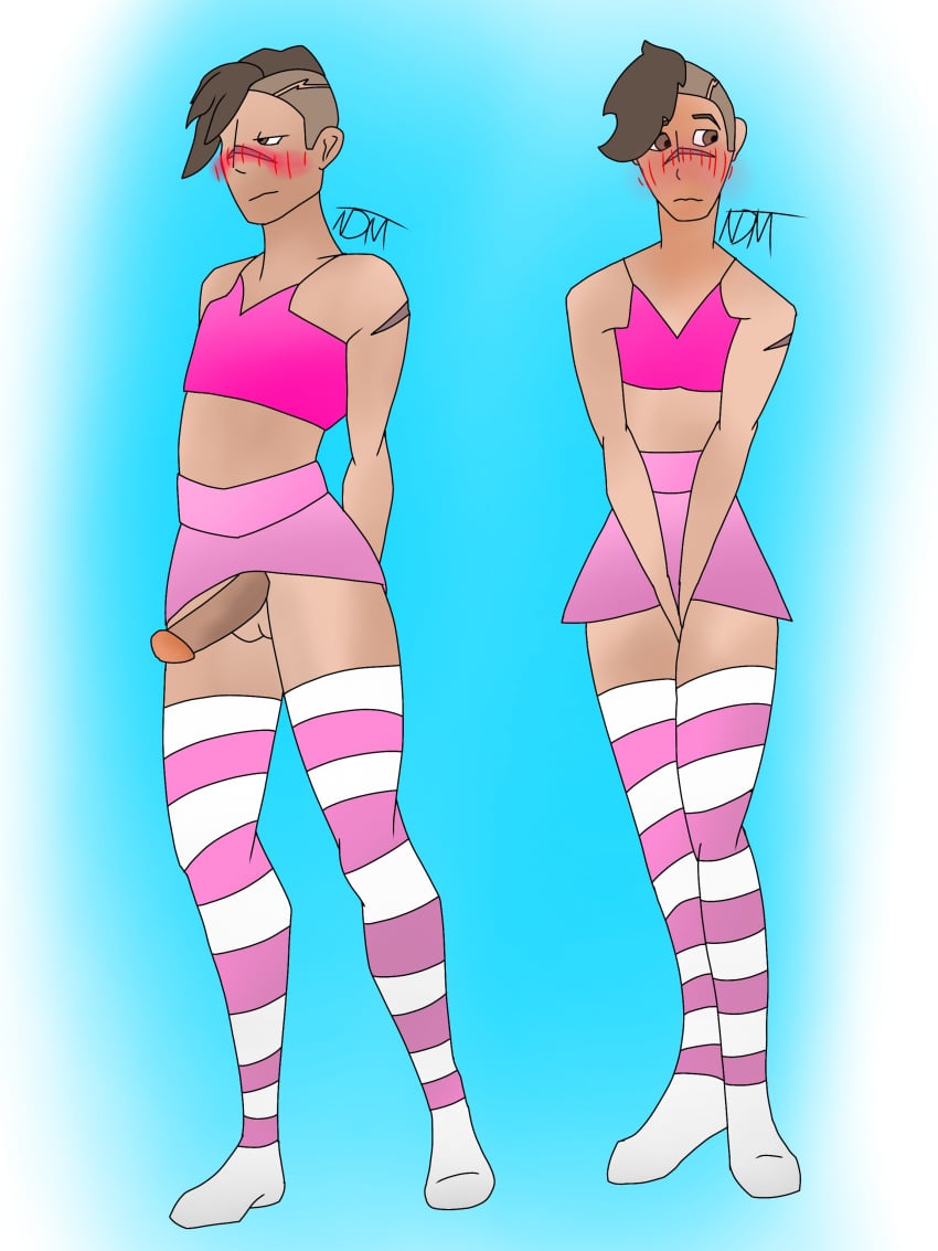 blush blush_lines boy brown_eyes brown_hair fortnite girly looking_away looking_away_from_viewer male male_only miniskirt penis pink_clothing pink_skirt stray_(fortnite) thigh_highs undercut