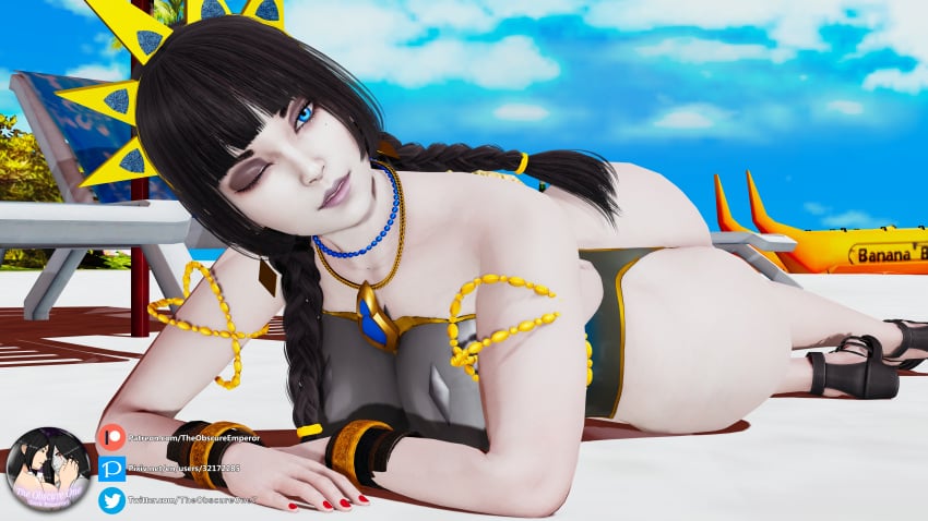 1girls 3d alternate_costume armlet arthurian_legends ass beach beauty_mark black_hair blue_eyes bracelet braid braided_hair breasts clothed crown eyeshadow hi-rez_studios honey_select honey_select_2 human large_ass large_breasts lying morgan_le_fay_(smite) necklace sea seaside smite solo summer summer_eclipse_morgan_le_fay theobscureone tiara wide_hips wink winking_at_viewer