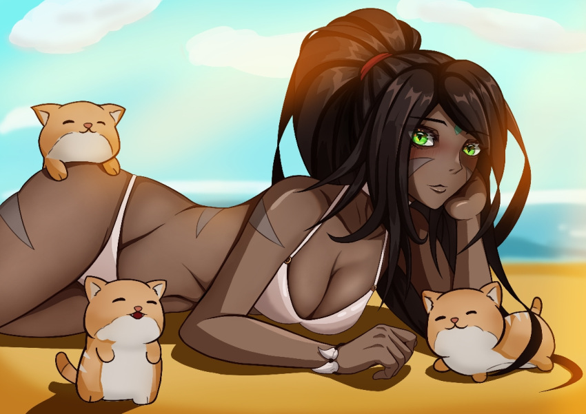 2d 2d_(artwork) beach beach_background big_breasts bikini bikini_bottom bikini_top black_hair boob_window cats cute dark-skinned_female dark_skin dfg feline female gem_on_forehead green_eyes green_eyes_female hair_tied jewel_on_forehead league_of_legends nidalee ponytail riot_games sand solo solo_female solo_focus tanned_female tanned_skin tribal_markings tribal_tattoo tribal_tattoos white_bikini