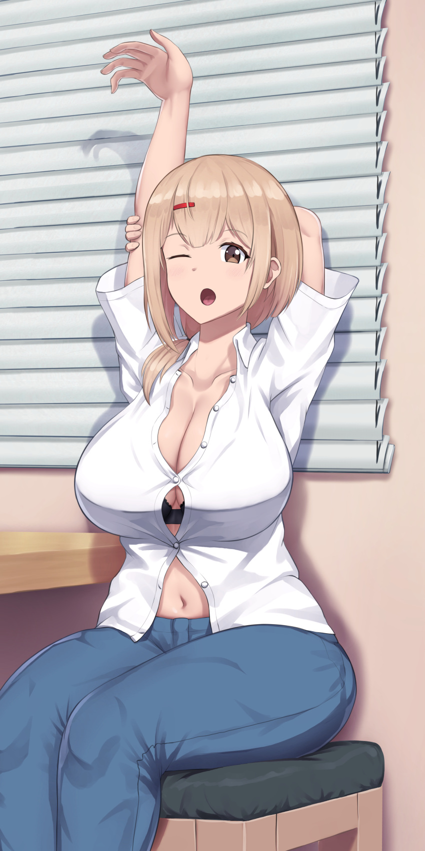 1girls belly_button black_bra blonde_hair bra breasts brown_eyes clothed clothing eyebrows_visible_through_hair female female_only hairclip huge_breasts indoors jahy_sama_wa_kujikenai! light-skinned_female light_skin one_eye_closed open_mouth pants partially_unbuttoned shirt sitting sitting_on_stool solo stool tenchou_(jahy_sama_wa_kujikenai) tired unbuttoned unbuttoned_shirt warmcummies yawn