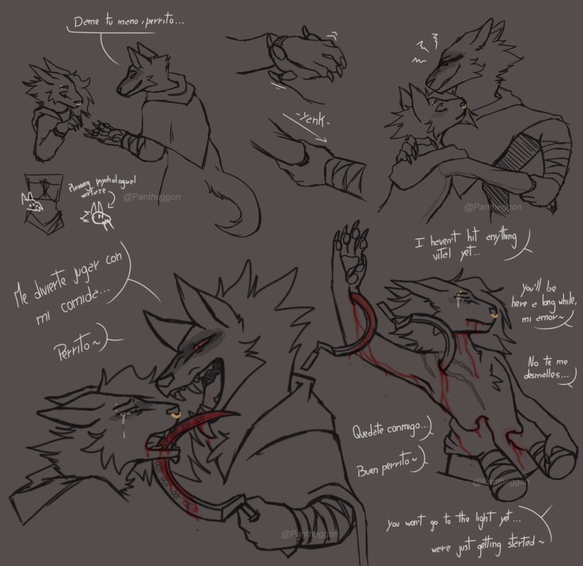 2023 anthro bandage bandaged_arm blade blood blood_on_arm blood_on_face blood_on_hand blood_on_tongue blood_on_weapon blush bodily_fluids canid canine canis claws clothed clothing death_(puss_in_boots) dialogue digital_media_(artwork) dreamworks duo english_text eyebrow_piercing facial_piercing fur gore hair hand_holding hand_on_back hand_on_hip hand_on_wrist hi_res knife_play licking licking_blood makeup male male/male mammal mascara mascara_tears non_fatal nose_piercing nose_ring open_mouth pantheggon pawpads piercing pinned pinned_to_wall poncho puss_in_boots_(dreamworks) puss_in_boots_the_last_wish questionable_consent red_eyes ring_piercing running_makeup septum_piercing septum_ring sickle simple_background smile spanish_text speech_bubble tail tears tears_of_pain teeth text tongue tongue_out weapon wolf wounded wrist_grab