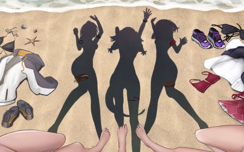 3girls artist_request bare_legs barefoot beach beach_shadow_trend clothing clothing_removed dressed_shadow_(meme) feet female implied_nudity legs myth1c myth1carts nijisanji nijisanji_en petra_gurin removed_clothing rosemi_lovelock scattered_clothing selen_tatsuki shadow tagme tease virtual_youtuber