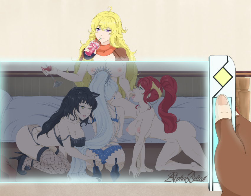 5girls alphadelta areolae big_breasts black_hair blake_belladonna blonde_hair bra breasts cat_ears cellphone completely_nude faunus fishnets high_heels high_ponytail juxtaposition lingerie long_hair multiple_girls nipples panties ponytail pyrrha_nikos red_hair ruby_rose rwby tagme very_long_hair weiss_schnee white_hair yang_xiao_long yuri