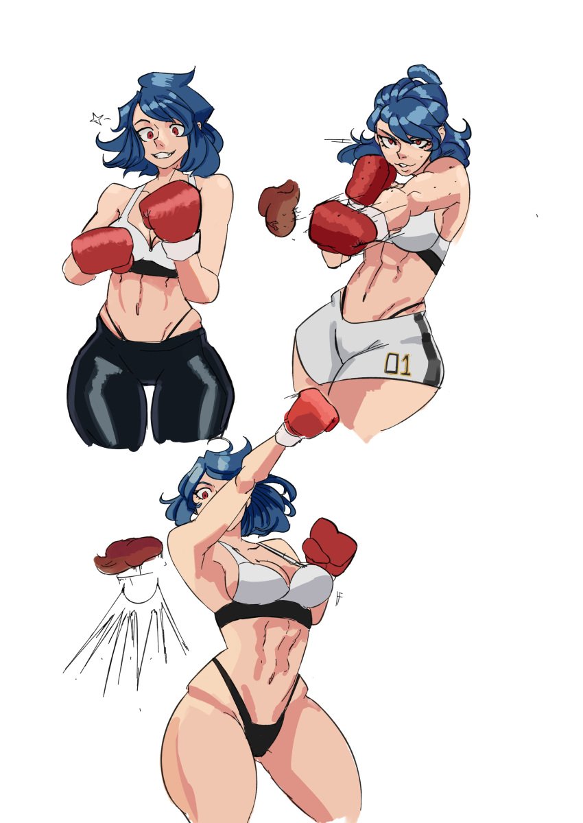 1girls armpits ballbusting blue_hair boxing_gloves breasts female femdom gloves hourglass_figure light-skinned_female light_skin lycansuart medium_breasts multiple_images punch punching punching_balls red_boxing_gloves red_eyes red_gloves shorts simple_background sports_bra sweat_pants swing_punch tagme testicles thick_thighs thighs thong white_background white_bra white_sports_bra