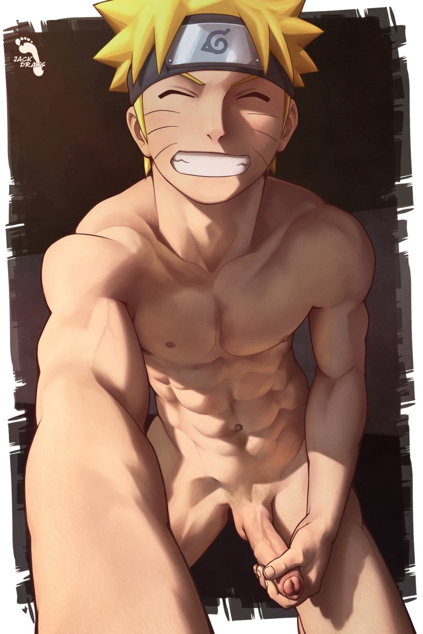 1boy abs closed_eyes gay glans holding_own_penis holding_penis jackdraws male male_only masturbation muscular muscular_male naruto naruto_shippuden nipples partially_retracted_foreskin penis pubic_hair selfie sitting smile smiling solo uncut uzumaki_naruto yaoi yellow_hair