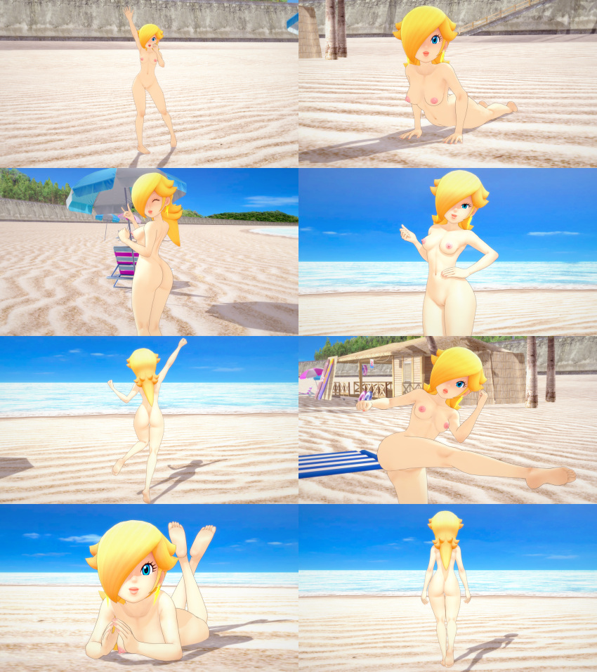 1girls 3d 3d_(artwork) ass barefoot beach blonde_hair breasts casual completely_nude completely_nude_female female female_only hair_over_one_eye human light-skinned_female light_skin long_hair mario_(series) navel nintendo nipples nude nude_female nudist pale_skin pose princess_rosalina public pussy retropunch solo