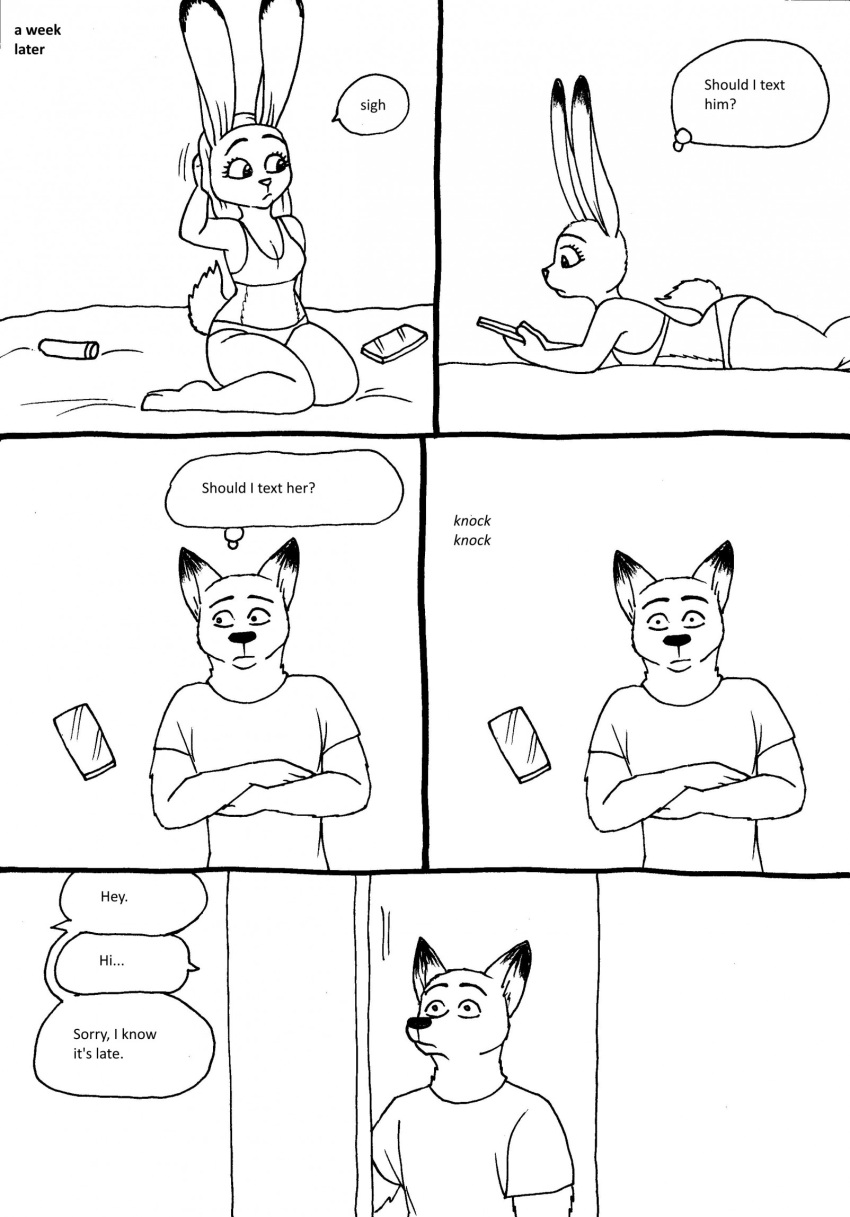 2023 5_fingers anthro ass barefoot bernielover bra breasts canid canine cellphone cleavage clothed clothing comic dialogue dildo disney duo english_text feet female fingers fox hi_res hindpaw humanoid_hands judy_hopps knocking lagomorph leporid lying male male/female mammal nick_wilde offscreen_character on_back on_front panties paws phone rabbit sex_toy smartphone speech_bubble teeth text toes underwear zootopia