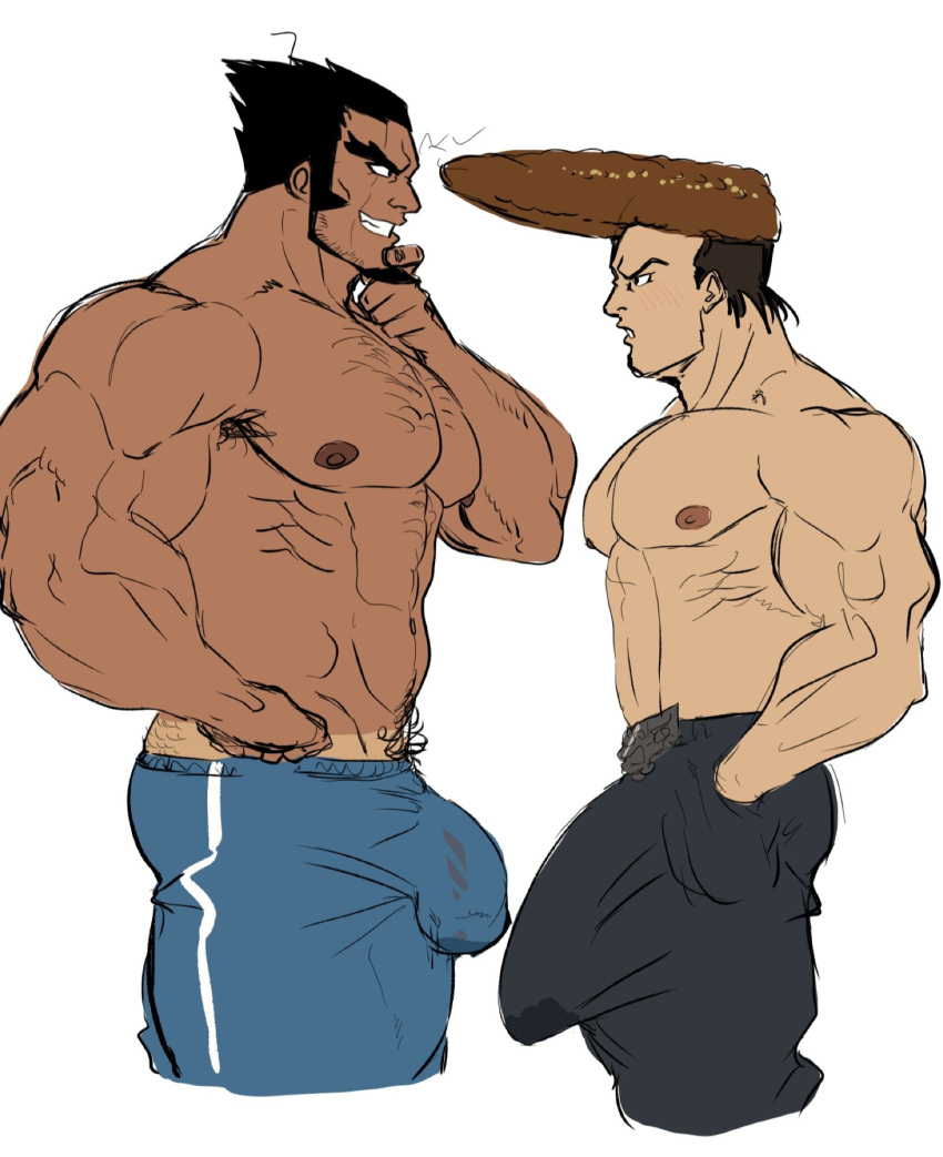 2boys ass balls bara big_balls big_penis black_hair blush bulge bulge_size_difference danganronpa facial_hair male male_only mondo_oowada muscles muscular ne0_navi nidai_nekomaru nipples no_visible_genitalia pants penis shirtless size_difference tan tanline tanline_peek